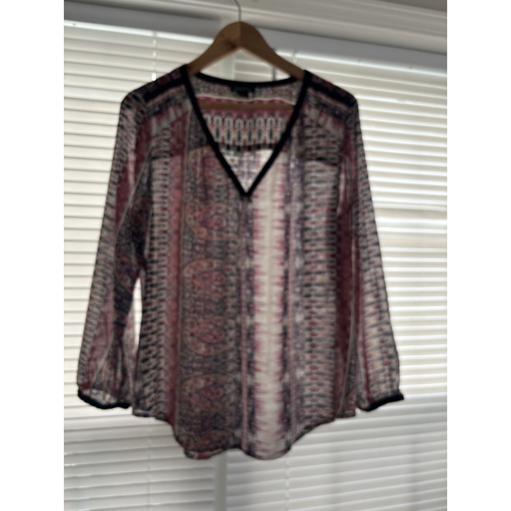 Lucky‎ Brand Concord Paisley Top Sz L Navy/Multicolor Boho Ethnic Gypsy Sheer